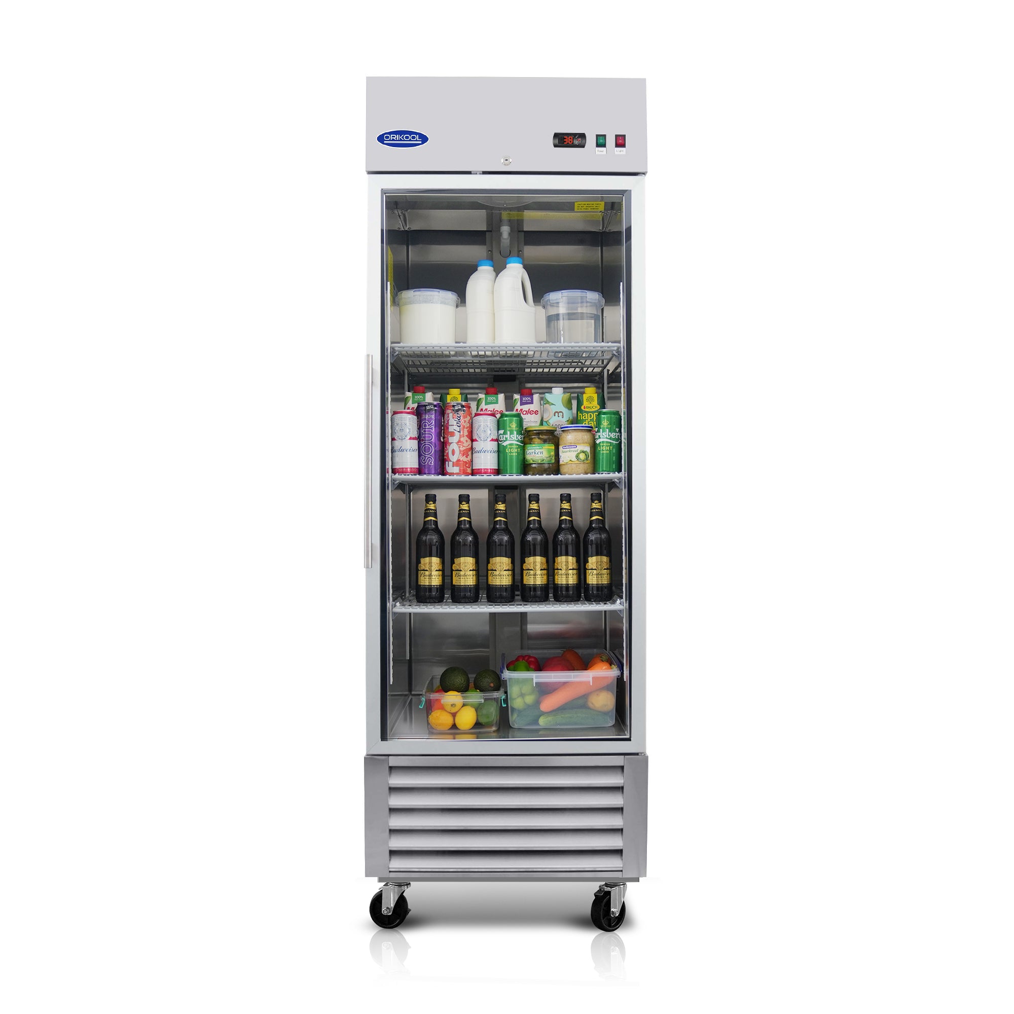 Front view of single door commercial refrigerator with transparent glass door for beverages and food.
