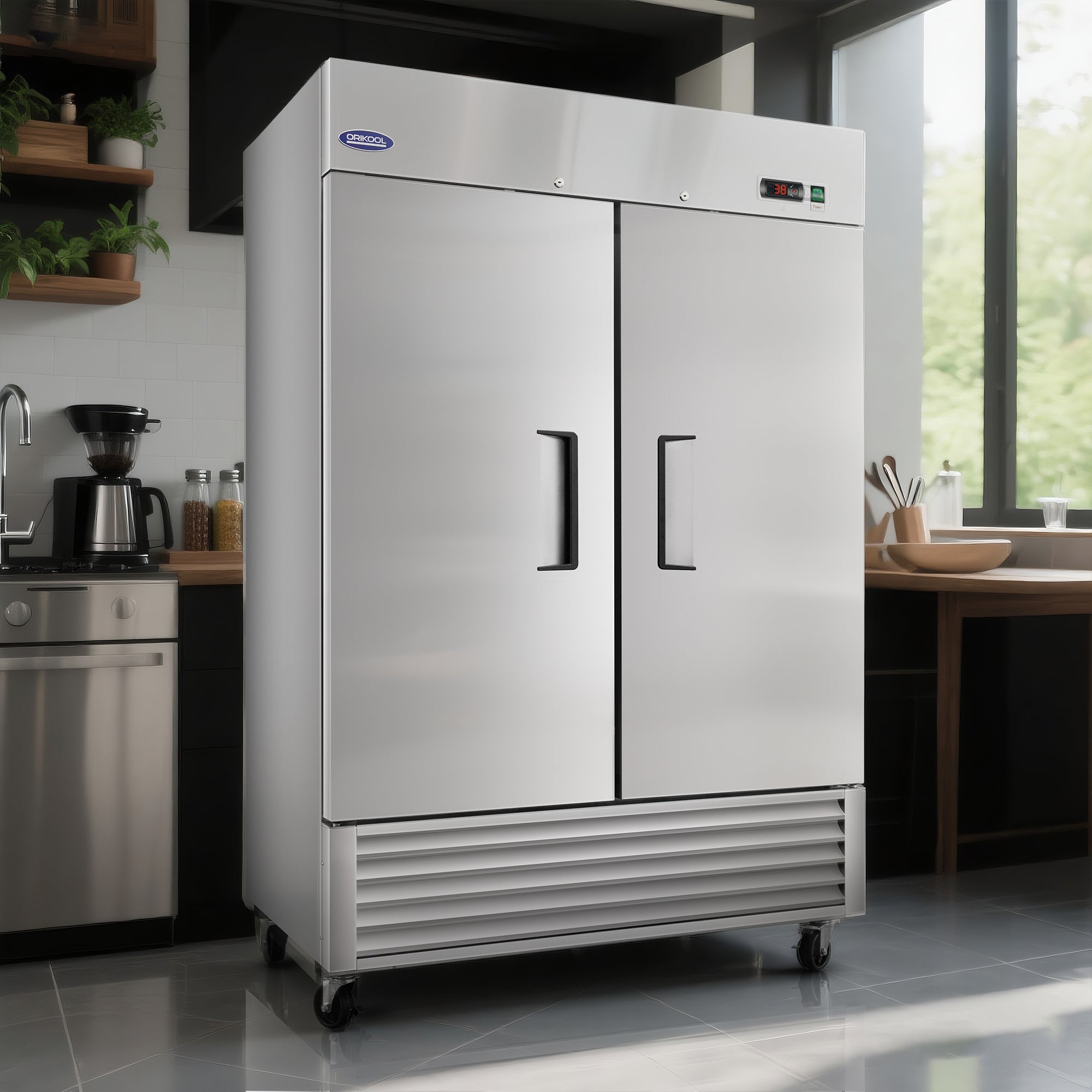 Stainless steel commercial refrigerator in a modern professional kitchen environment