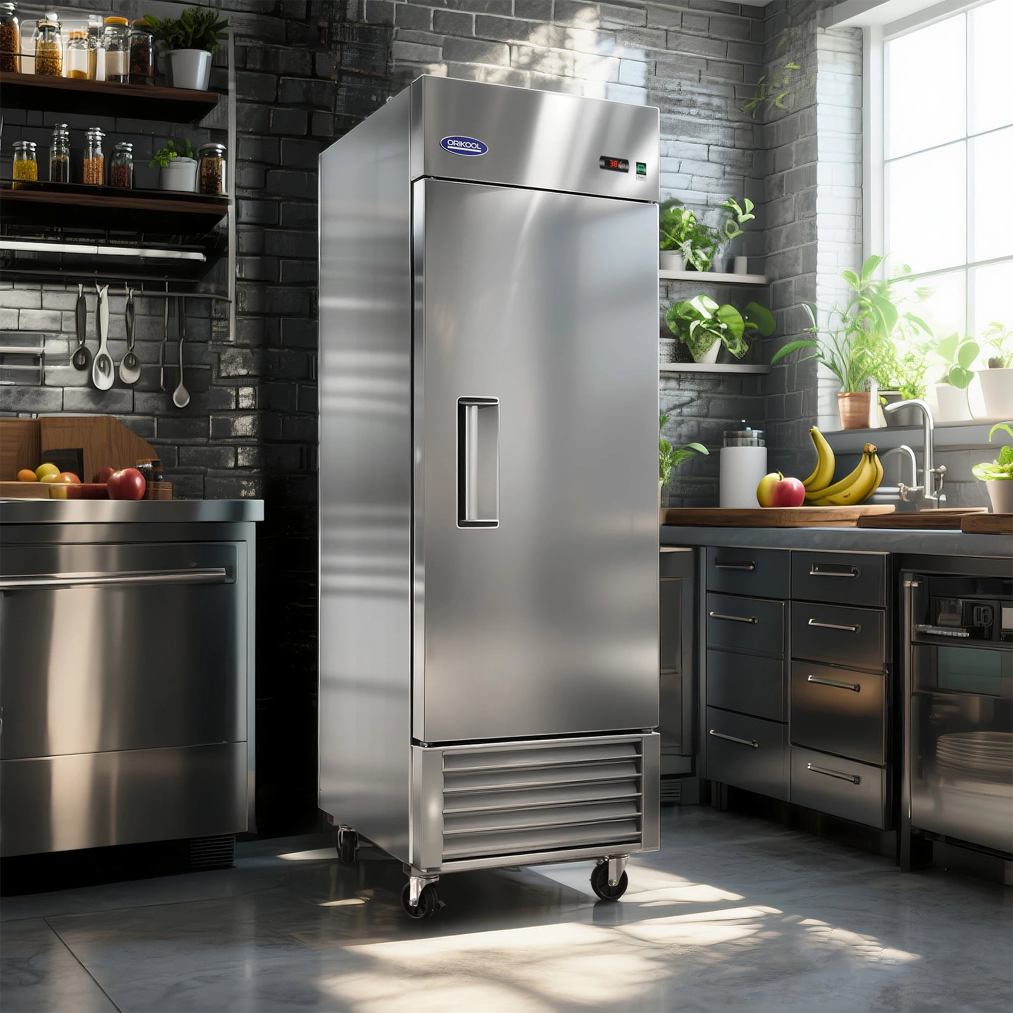 Stainless steel commercial refrigerator perfectly integrated into a modern professional kitchen