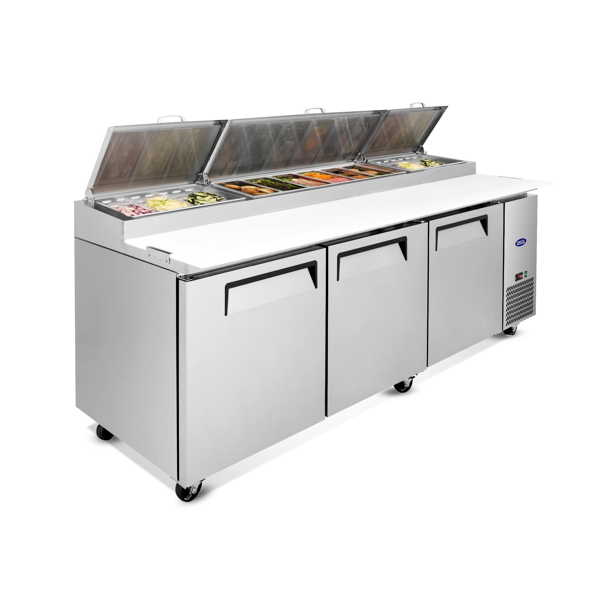 Stainless steel three-door salad prep table refrigerator with open top storage and wide cutting board workspace.