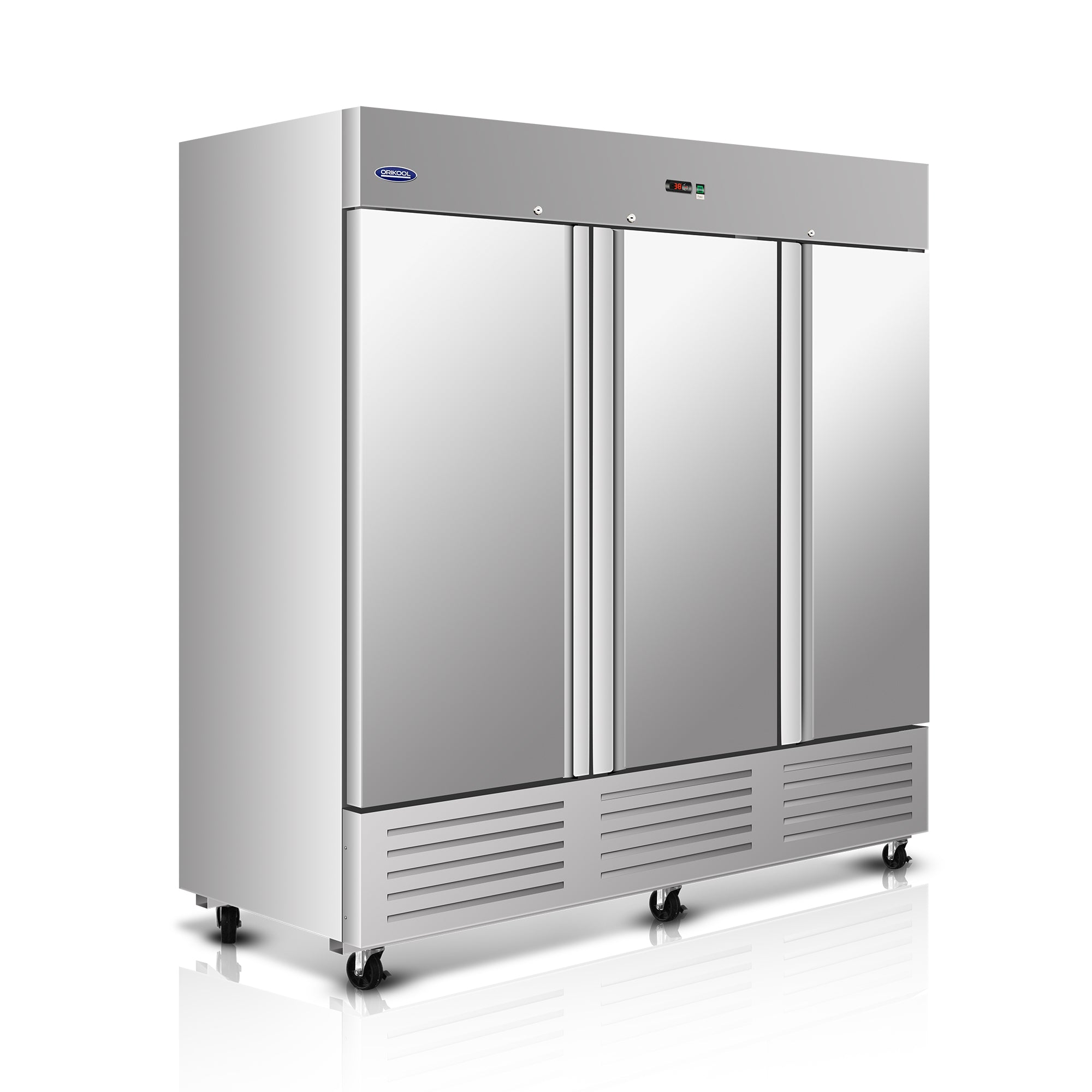 Stainless steel triple door commercial refrigerator with sleek design and durable build.