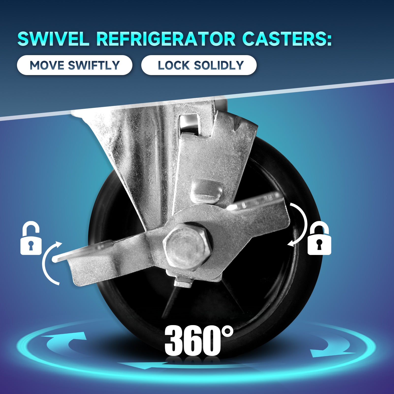 Swivel refrigerator casters move swiftly and lock solidly with 360° rotation.
