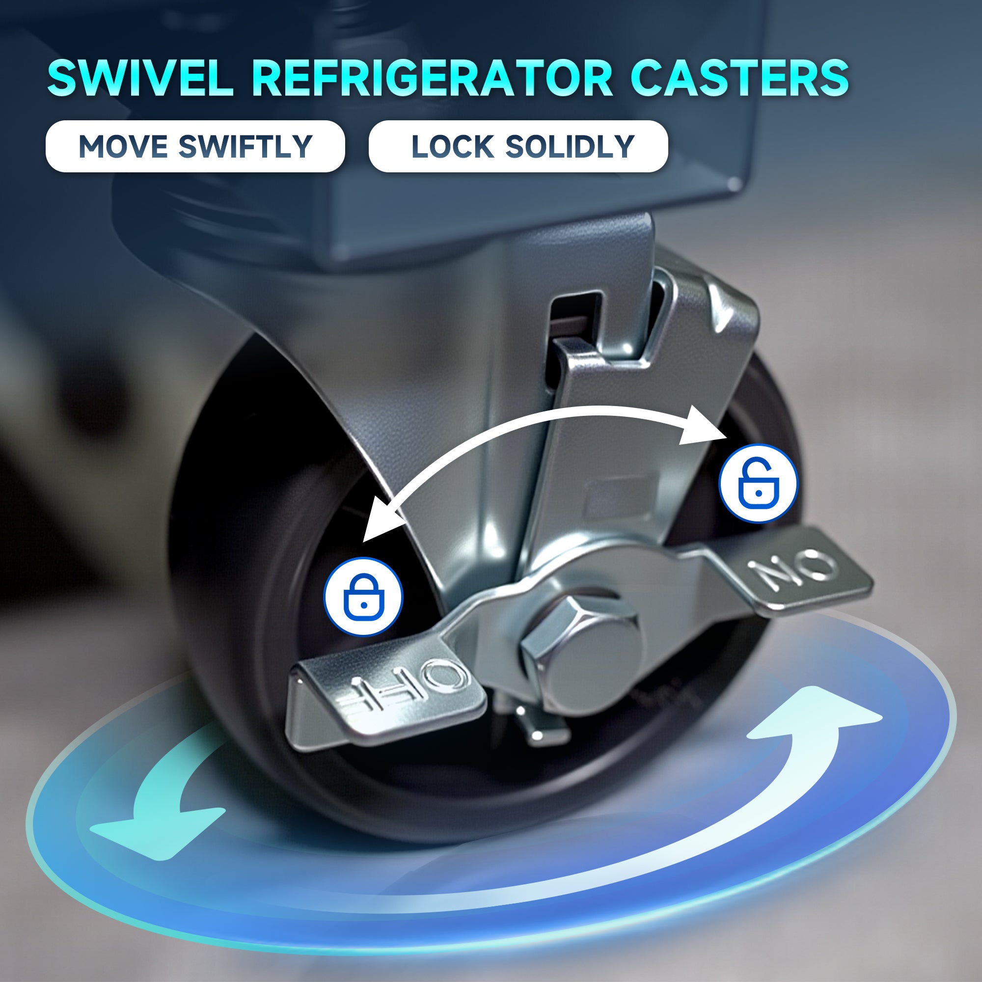Heavy-duty swivel casters with locking system for easy movement and stable positioning of double door refrigerator.