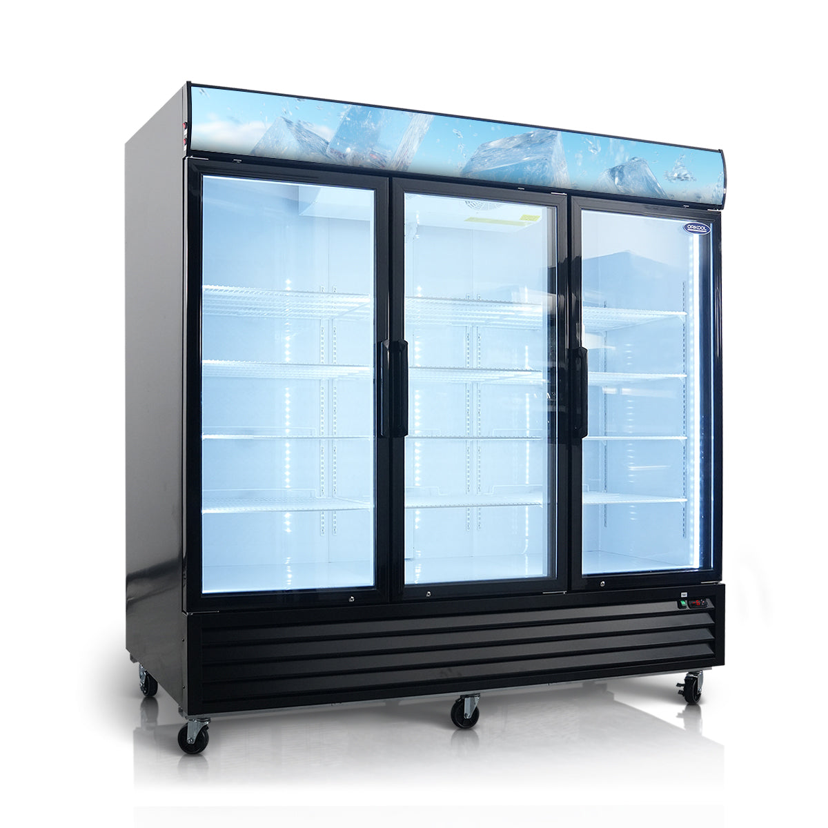 Triple door commercial display freezer with large capacity and clear glass doors.