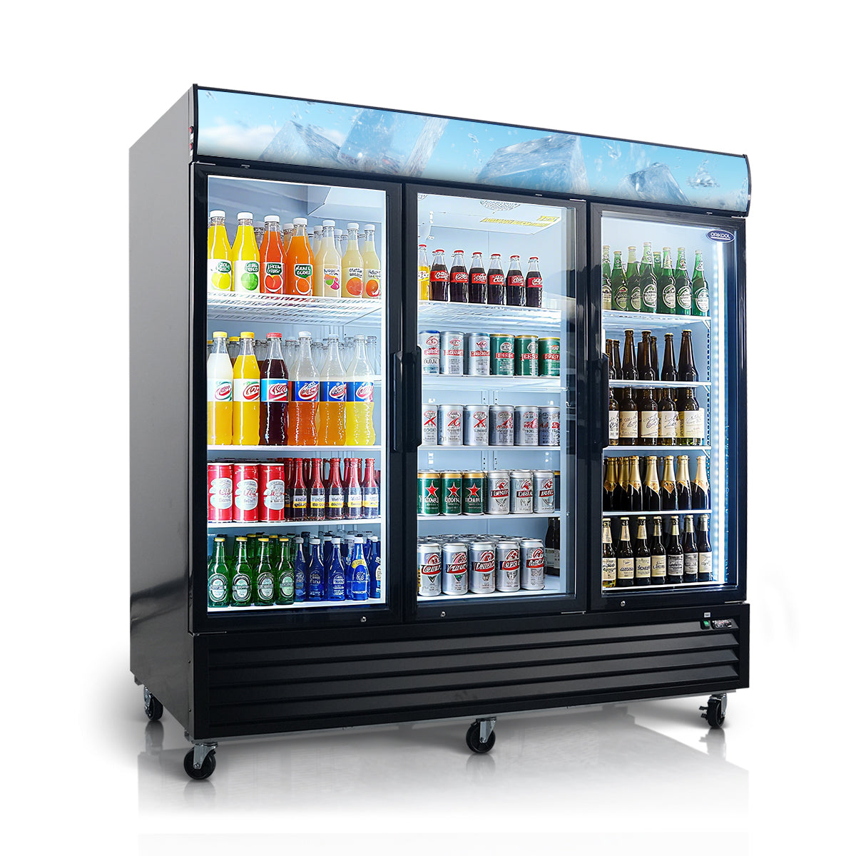 70 Cu.Ft triple-door commercial display refrigerator with LED lighting and adjustable shelving.