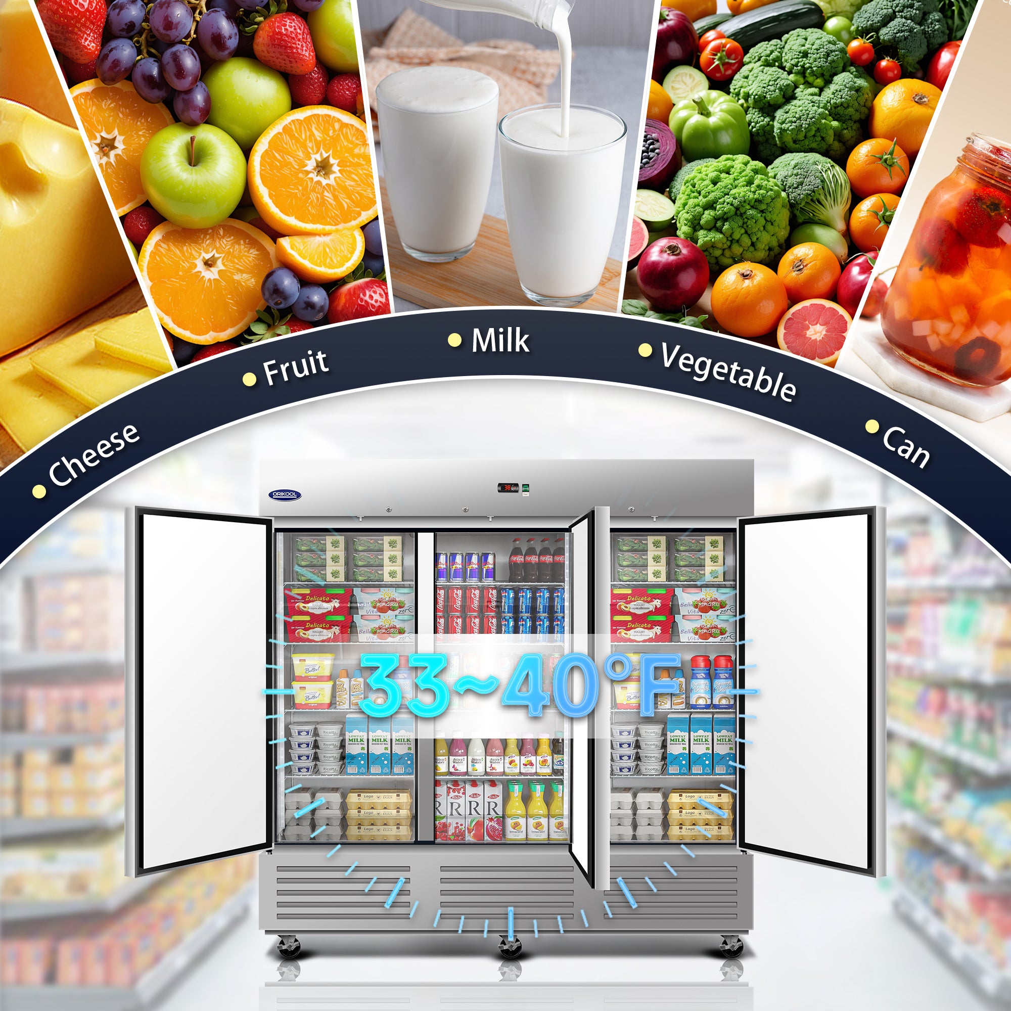 Triple door refrigerator with 33–40°F temperature range, ideal for milk, fruit, vegetables, and cheese storage.