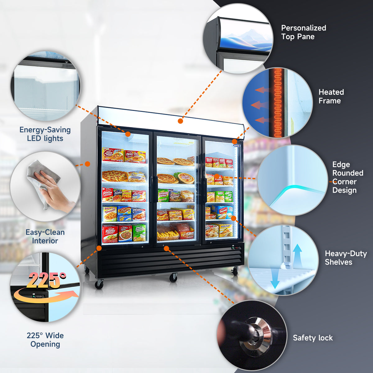 Triple door display freezer with heated frame, LED lights, and heavy-duty shelves.
